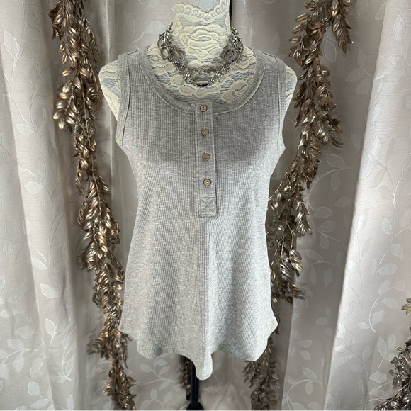 White Birch Small Gray Ribbed Henley Tank Top Neon Stitch Minimalist‎ - Picture 6 of 10